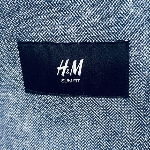 H&M 44R Slim Fit Chambray Sport Coat Elbow Patches Blue Cotton Two Button Vented - Picture 3 of 8